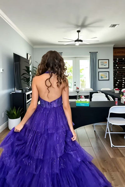 A Line Halter V Neck Backless Purple Tulle Long Prom Dress with High S – abcprom