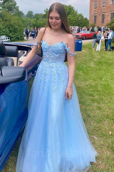A Line Off the Shoulder Light Blue Lace Long Prom Dress, Light Blue La