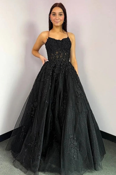 A Line Spaghetti Straps Black Lace Long Prom Dress, Black Lace Formal