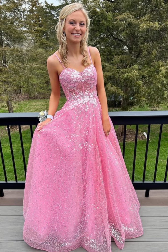 A Line Spaghetti Straps Sweetheart Neck Pink Lace Long Prom Dress, Pink Lace Formal Dress, Pink Evening Dress A2388