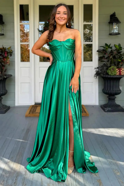 A Line Strapless High Slit Green/Blue Satin Long Prom Dress, Green/Blu
