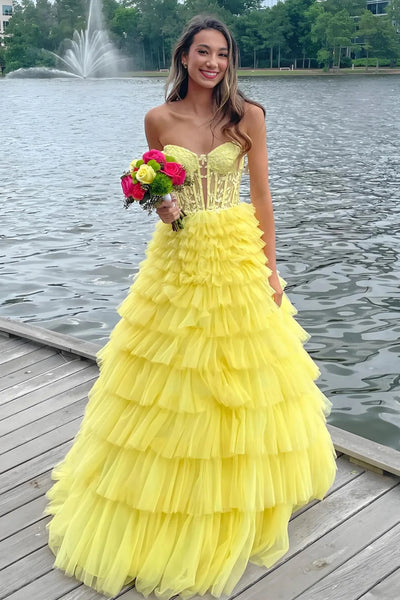 A Line Strapless Ruffle Yellow Lace Long Prom Dress, Long Yellow Lace