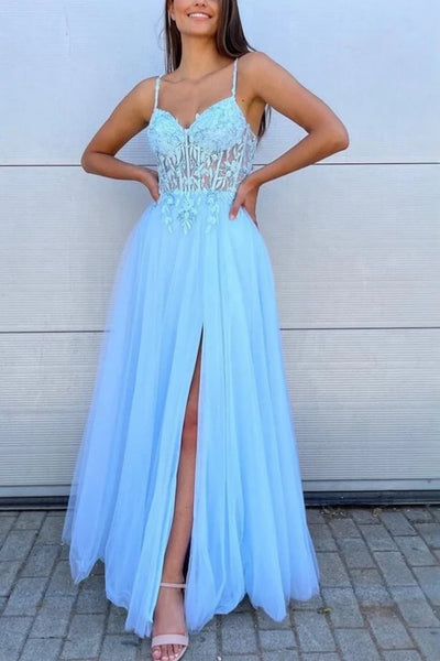 A Line V Neck Open Back Light Blue Lace Long Prom Dress with High Slit