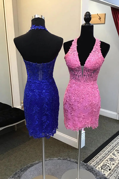 Halter V Neck Open Back Mermaid Blue/Pink Lace Prom Dress, Mermaid Blu abcprom Halter V Neck Open Back Mermaid Blue/Pink Lace Prom Dress, Mermaid Blu abcprom
