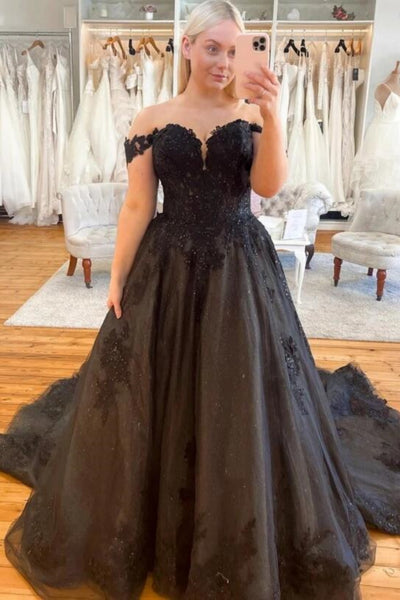 Off the Shoulder Black Lace Long Prom Dress, Black Lace Formal Dresses