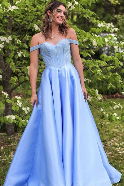 Off the Shoulder Light Blue Satin Long Prom Dress, Off Shoulder Formal