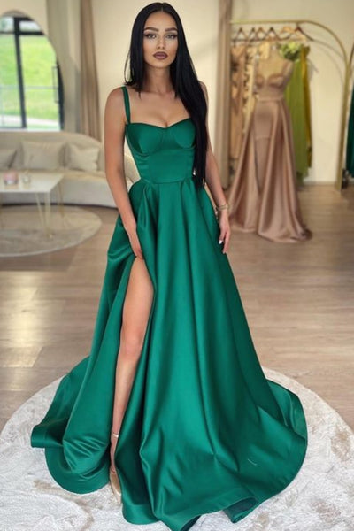 Simple A Line Green Satin Long Prom Dress with High Slit, Long Green F
