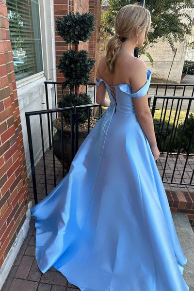 Simple Off Shoulder Light Blue Satin Long Prom Dress, Off the Shoulder