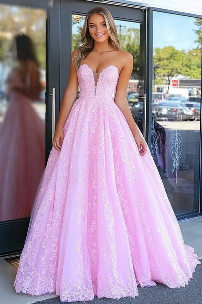 A Line V Neck Pink Lace Long Prom Dress main image 1