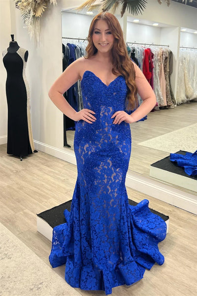 Strapless Mermaid Beaded Royal Blue Lace Long Prom Dress, Mermaid Roya