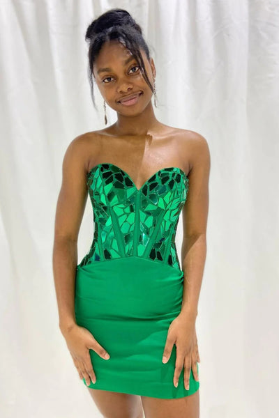 Strapless Mermaid Green Sequin Prom Dress, Mermaid Green Homecoming Dress, Short Green Formal Evening Dress A1943