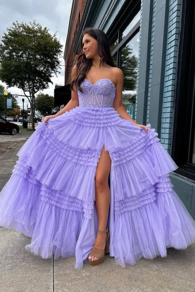 Strapless Sweetheart Neck Lilac Lace Long Prom Dress with High Slit, P