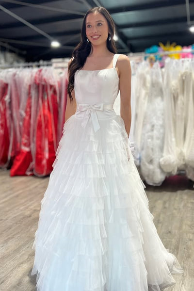 Stylish A Line Ruffle White Long Prom Dress, White Formal Graduation E