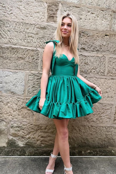 Sweetheart Neck Green Satin Short Prom Dress, Green Homecoming Dress, Short Green Formal Graduation Evening Dress WT1908