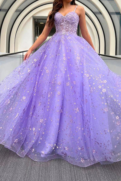 Sweetheart Neck Lilac Lace Floral Long Prom Dresses, Lilac Formal Dres