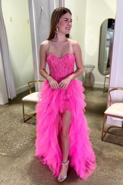 2 Pieces Pink Lace Satin Side Slit Long Prom Dresses, PD0840 main image 0