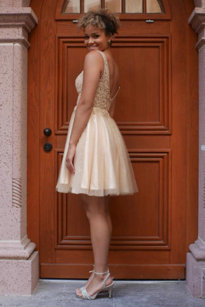 V Neck Gold Lace Short Prom Dress, Gold Lace Homecoming Dress, Short Gold Formal Evening Dress WT1975