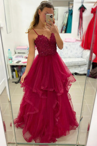 V Neck Layered Maroon Lace Long Prom Dress, Beaded Burgundy Lace Formal Dress, Maroon Evening Dress A2012