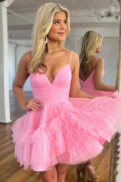 V Neck Short Pink Prom Dresses, Short V Neck Pink Graduation Homecoming Dresses main image 0