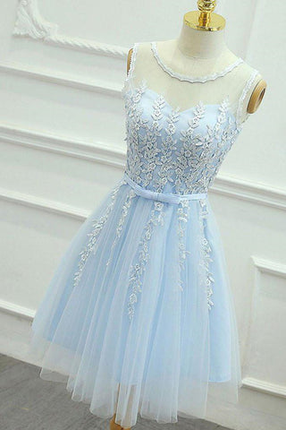 A Line Round Neck Lace Blue Short Prom Dress, Short Blue Lace Formal Graduation Homecoming Dress