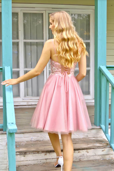 A Line V Neck Open Back Pink Lace Prom Dress, Short Pink Lace Homecoming Dress, Pink Formal Graduation Evening Dress A1641