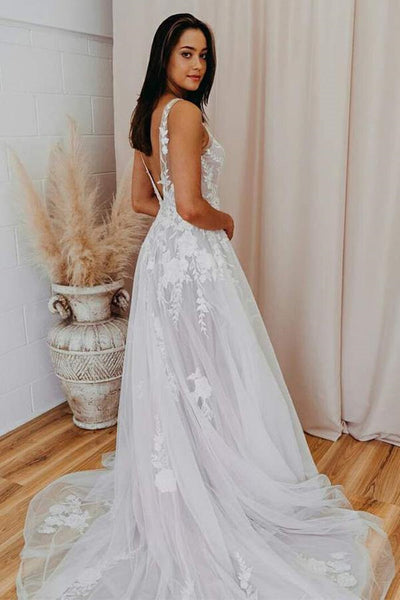 A Line V Neck Open Back White Lace Long Prom Wedding Dress, Backless White Lace Formal Evening Dress