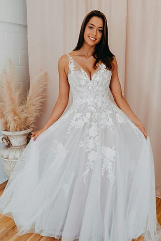 A Line V Neck Open Back White Lace Long Prom Wedding Dress, Backless White Lace Formal Evening Dress