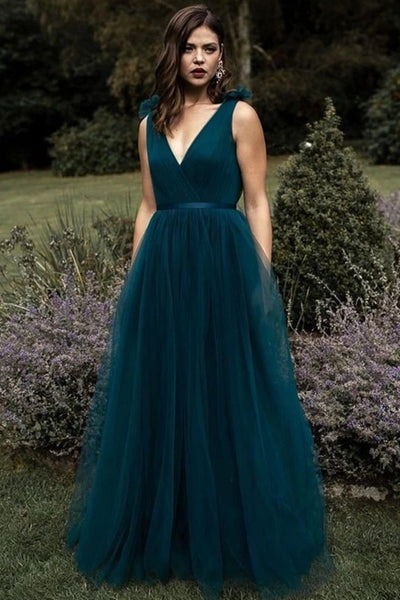 A Line V Neck and V Back Peacock Blue Long Prom Dress, V Neck Open Bac – abcprom