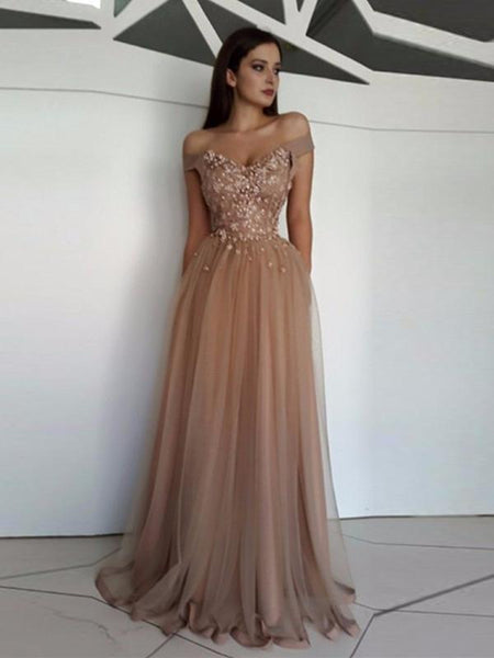 graduation dresses champagne A Line Off Shoulder Tulle Lace Long Prom Dresses, Off Should – abcprom Kids boutique near me sophisticated touch Beach Dresses Size:34 (XS)