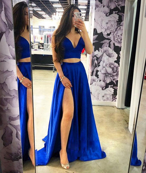 A Line Two Pieces Satin Blue Long Prom Dress with High Slit, Blue Form abcprom A Line Two Pieces Satin Blue Long Prom Dress with High Slit, Blue Form abcprom