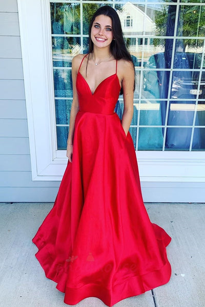 A Line V Neck Backless Red Satin Long Prom Dress, Backless Red Formal