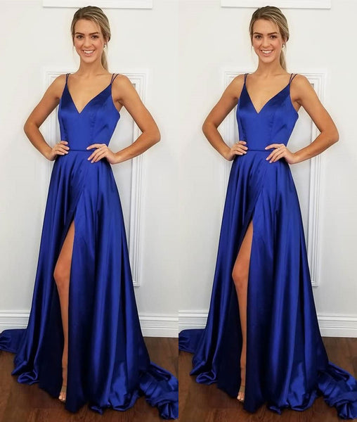 Royal Blue Long A Line V Neck Satin Formal Graduation Prom Dresses main image 0