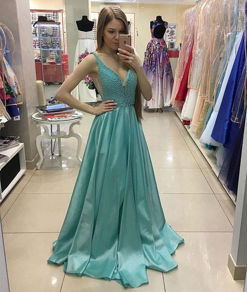 A Line V Neck Satin Beading Prom Dresses LBQ4048 main image 1