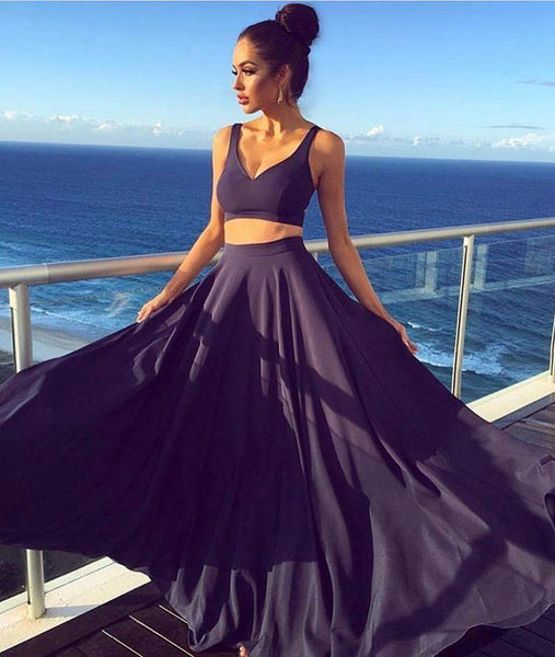 A Line V Neck Two Pieces Navy Blue Prom Dresses, Navy Blue Two Piece L – abcprom