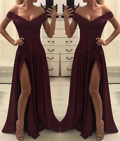 Burgundy Off Shoulder Satin Long Prom Dress with High Slit, Off Shoulder Burgundy Long Evening Dress, Formal Dress