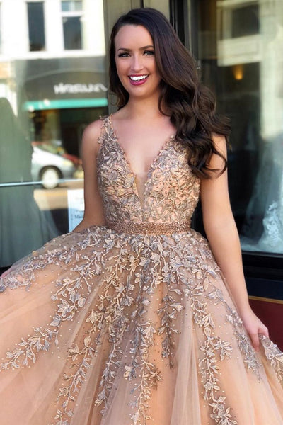 Champagne V Neck Lace Tulle Long Prom Dresses, Champagne Lace Formal D