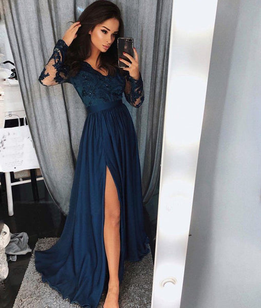 Custom Made Blue Long Sleeves Lace Prom Dress with Leg Slit, Blue Lace