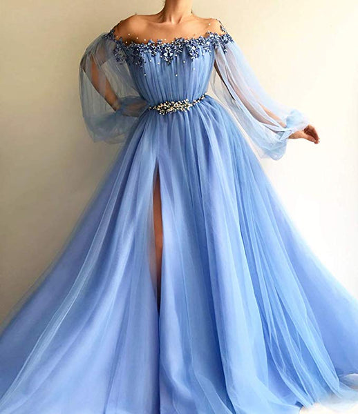 Custom Made Long Sleeves Baby Blue Tulle Long Prom Dress with Slit, Ba