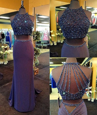Custom Made Round-Neck Two-Pieces Beaded Prom Dresses, Long Evening Dresses, Prom Gown