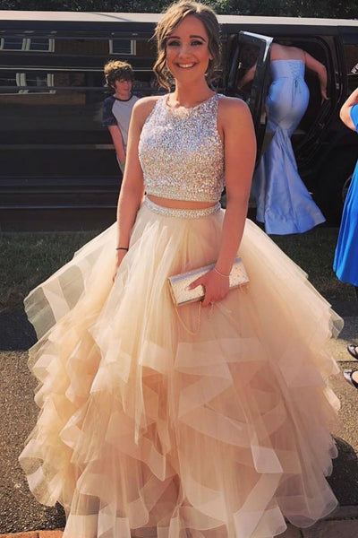 Custom Made Round Neck Two Pieces Sequins Champagne Prom Dress, Puffy – abcprom