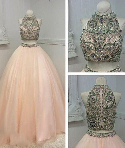 Halter Two Piece Pink Tulle Prom Dress With Beaded Appliques MP784 main image 0