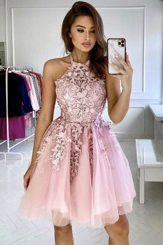 Cute Pink Lace Short Prom Homecoming Dress, Pink Lace Formal Dress, Pink Evening Dress