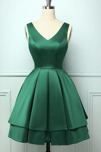 Cute V Neck and V Back Layered Green Short Prom Dress, Short Green Hom
