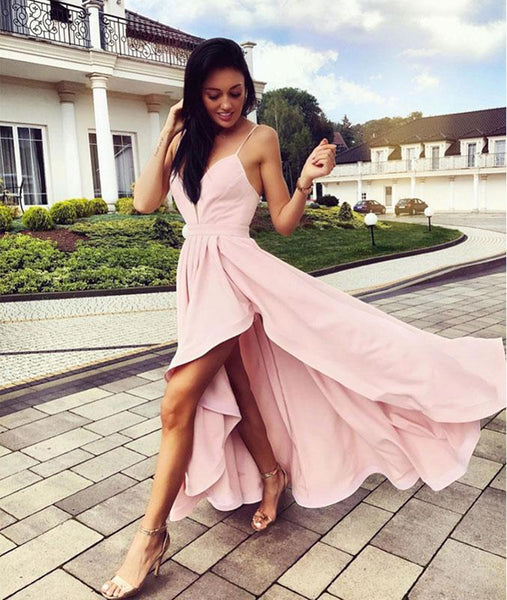 Cute High Low V Neck Pink Prom Dresses, High Low Pink Formal Dresses, – abcprom