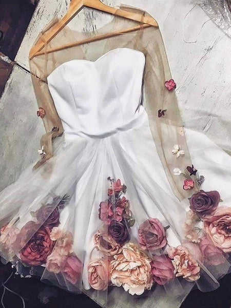 Cute Long Sleeves 3D Flowers Appliques Short White Prom Dresses, Long –  abcprom