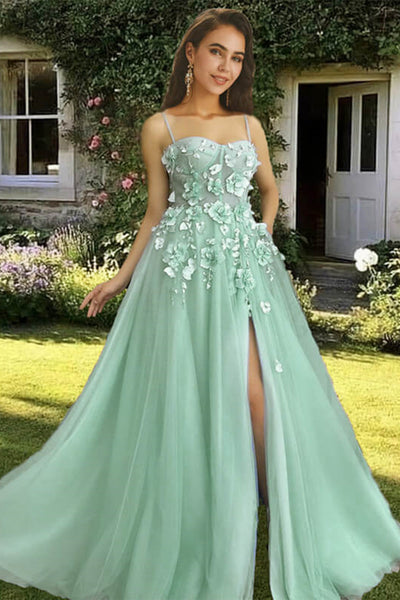 Elegant Green Floral Lace Long Prom Dress with High Slit, Long Green F