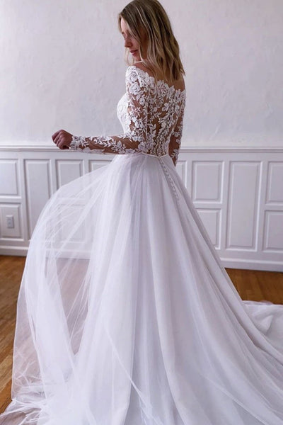 Elegant Long Sleeves White Lace Wedding Dress, White Lace Long Prom Dress, White Formal Evening Dress