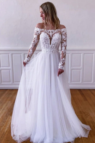 Elegant Long Sleeves White Lace Wedding Dress, White Lace Long Prom Dr