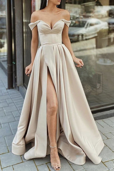 Elegant Off Shoulder Champagne Satin Long Prom Dress, High Slit Champa abcprom Elegant Off Shoulder Champagne Satin Long Prom Dress, High Slit Champa abcprom