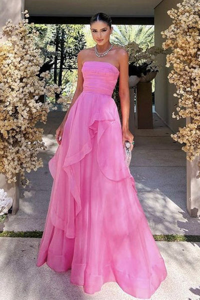 Elegant Strapless Layered Pink Prom Dresses Long, Strapless Pink Forma